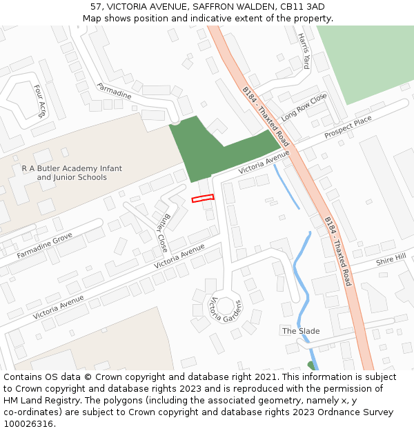 57, VICTORIA AVENUE, SAFFRON WALDEN, CB11 3AD: Location map and indicative extent of plot