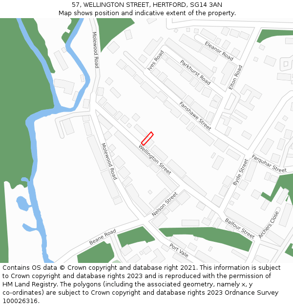 57, WELLINGTON STREET, HERTFORD, SG14 3AN: Location map and indicative extent of plot