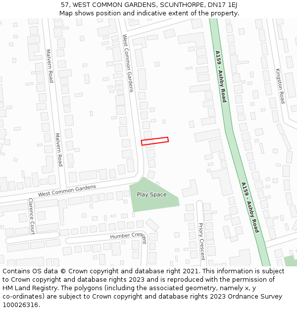 57, WEST COMMON GARDENS, SCUNTHORPE, DN17 1EJ: Location map and indicative extent of plot
