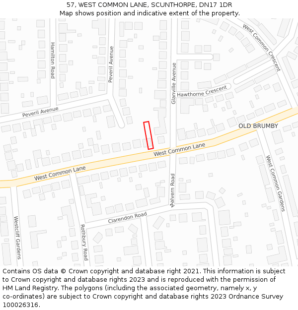 57, WEST COMMON LANE, SCUNTHORPE, DN17 1DR: Location map and indicative extent of plot