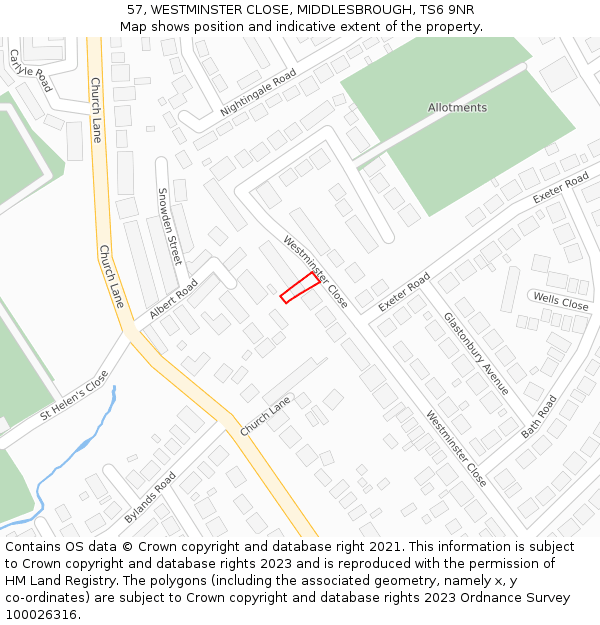 57, WESTMINSTER CLOSE, MIDDLESBROUGH, TS6 9NR: Location map and indicative extent of plot