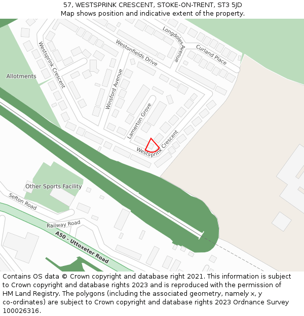 57, WESTSPRINK CRESCENT, STOKE-ON-TRENT, ST3 5JD: Location map and indicative extent of plot