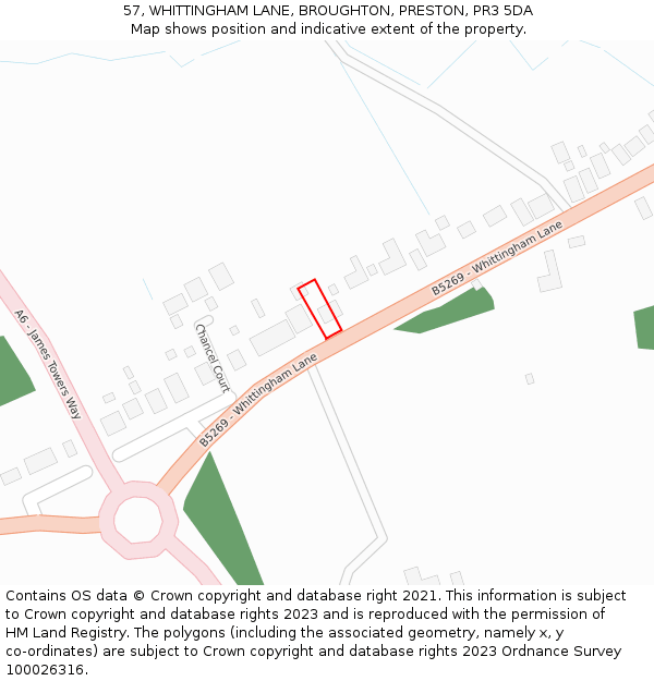 57, WHITTINGHAM LANE, BROUGHTON, PRESTON, PR3 5DA: Location map and indicative extent of plot