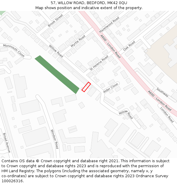 57, WILLOW ROAD, BEDFORD, MK42 0QU: Location map and indicative extent of plot