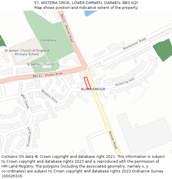 57, WISTERIA DRIVE, LOWER DARWEN, DARWEN, BB3 0QY: Location map and indicative extent of plot