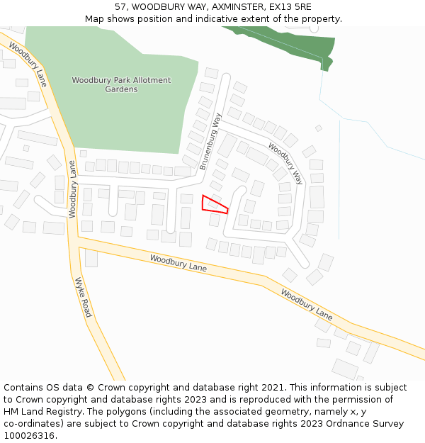 57, WOODBURY WAY, AXMINSTER, EX13 5RE: Location map and indicative extent of plot