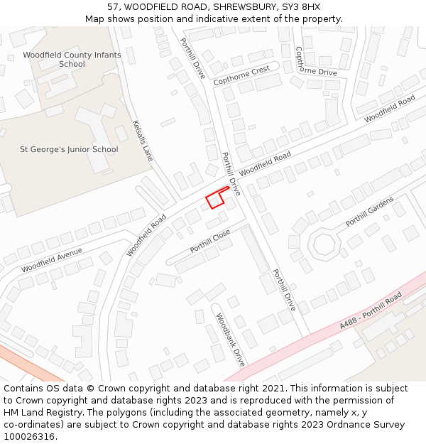 57, WOODFIELD ROAD, SHREWSBURY, SY3 8HX: Location map and indicative extent of plot