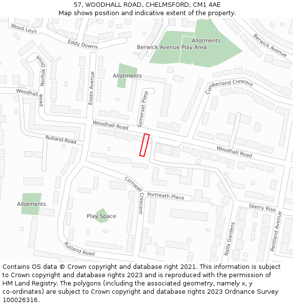 57, WOODHALL ROAD, CHELMSFORD, CM1 4AE: Location map and indicative extent of plot