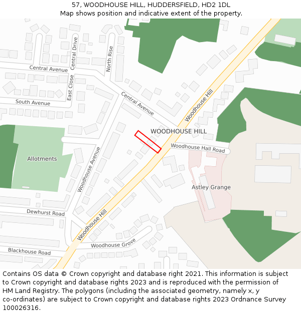 57, WOODHOUSE HILL, HUDDERSFIELD, HD2 1DL: Location map and indicative extent of plot