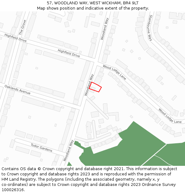 57, WOODLAND WAY, WEST WICKHAM, BR4 9LT: Location map and indicative extent of plot