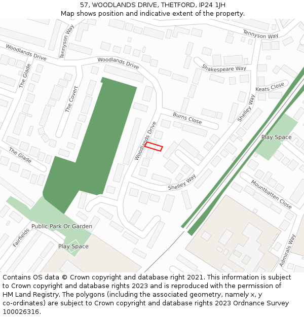 57, WOODLANDS DRIVE, THETFORD, IP24 1JH: Location map and indicative extent of plot