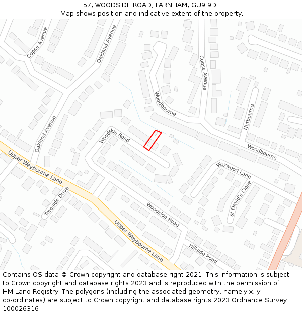 57, WOODSIDE ROAD, FARNHAM, GU9 9DT: Location map and indicative extent of plot