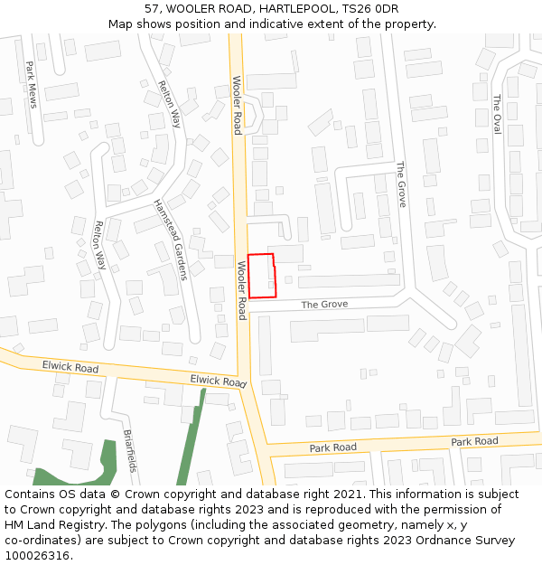 57, WOOLER ROAD, HARTLEPOOL, TS26 0DR: Location map and indicative extent of plot