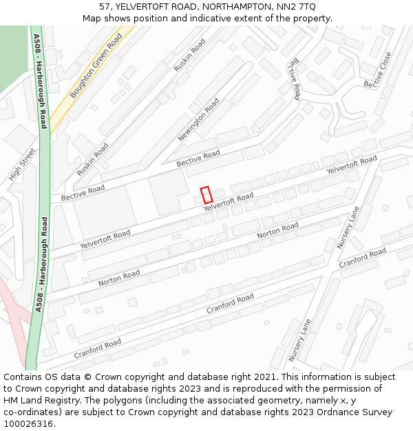 57, YELVERTOFT ROAD, NORTHAMPTON, NN2 7TQ: Location map and indicative extent of plot