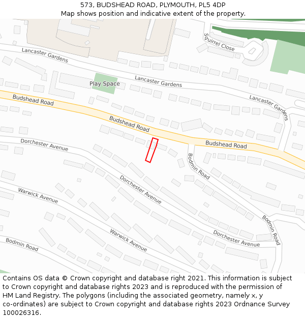 573, BUDSHEAD ROAD, PLYMOUTH, PL5 4DP: Location map and indicative extent of plot