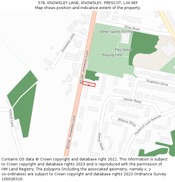 578, KNOWSLEY LANE, KNOWSLEY, PRESCOT, L34 9EF: Location map and indicative extent of plot