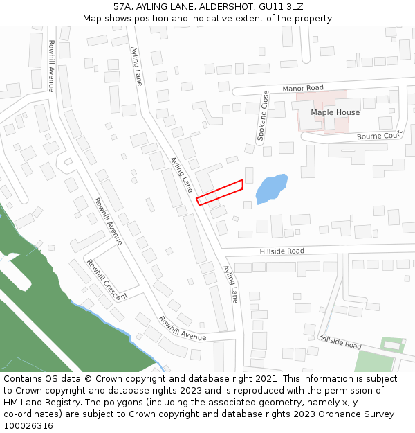 57A, AYLING LANE, ALDERSHOT, GU11 3LZ: Location map and indicative extent of plot