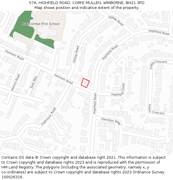 57A, HIGHFIELD ROAD, CORFE MULLEN, WIMBORNE, BH21 3PD: Location map and indicative extent of plot