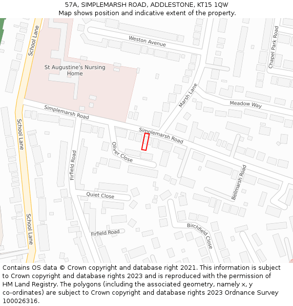 57A, SIMPLEMARSH ROAD, ADDLESTONE, KT15 1QW: Location map and indicative extent of plot