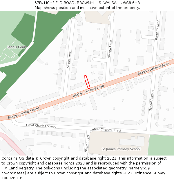 57B, LICHFIELD ROAD, BROWNHILLS, WALSALL, WS8 6HR: Location map and indicative extent of plot