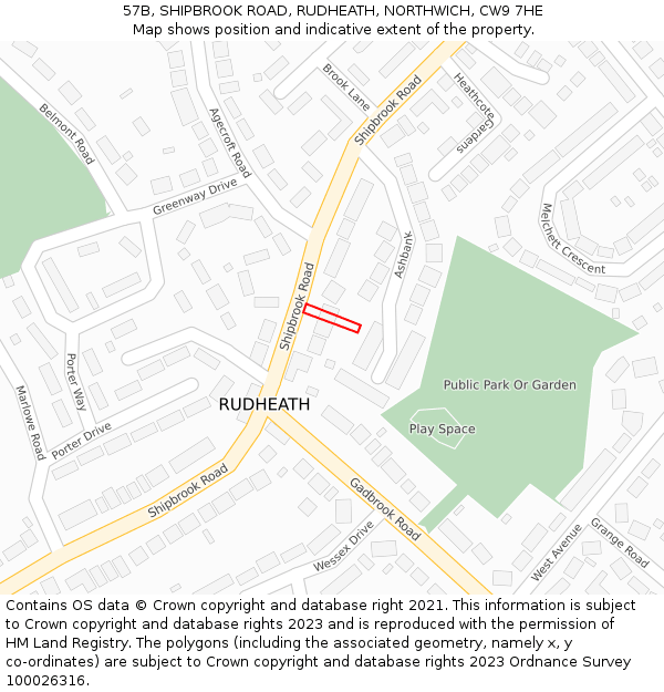 57B, SHIPBROOK ROAD, RUDHEATH, NORTHWICH, CW9 7HE: Location map and indicative extent of plot