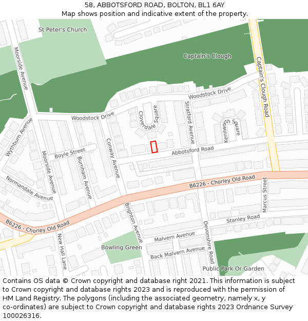 58, ABBOTSFORD ROAD, BOLTON, BL1 6AY: Location map and indicative extent of plot