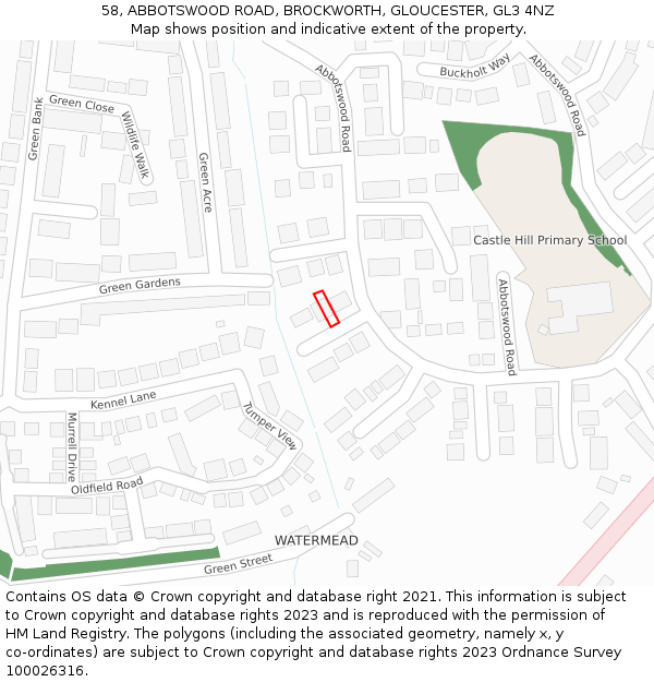 58, ABBOTSWOOD ROAD, BROCKWORTH, GLOUCESTER, GL3 4NZ: Location map and indicative extent of plot