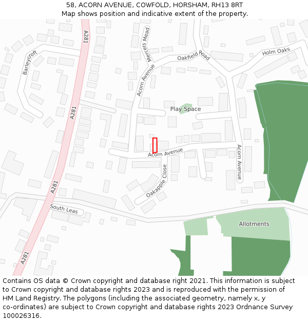 58, ACORN AVENUE, COWFOLD, HORSHAM, RH13 8RT: Location map and indicative extent of plot