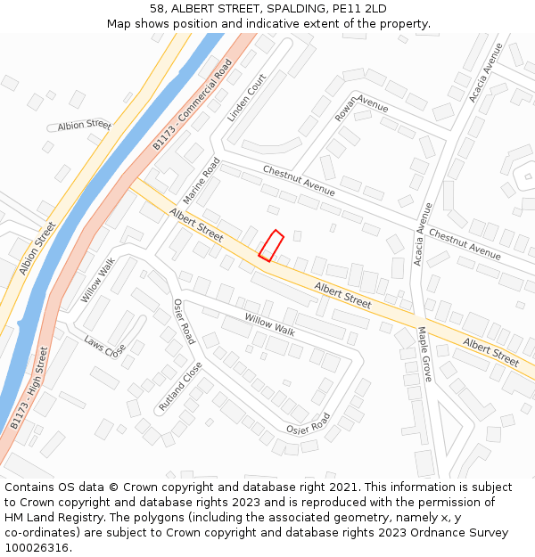 58, ALBERT STREET, SPALDING, PE11 2LD: Location map and indicative extent of plot