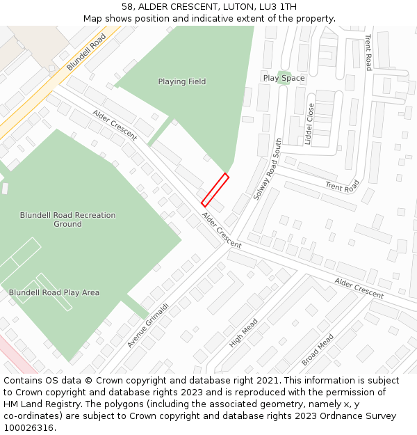 58, ALDER CRESCENT, LUTON, LU3 1TH: Location map and indicative extent of plot