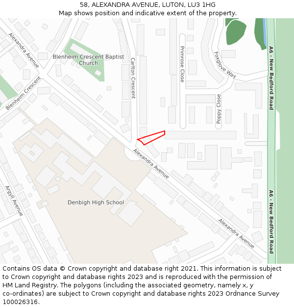 58, ALEXANDRA AVENUE, LUTON, LU3 1HG: Location map and indicative extent of plot