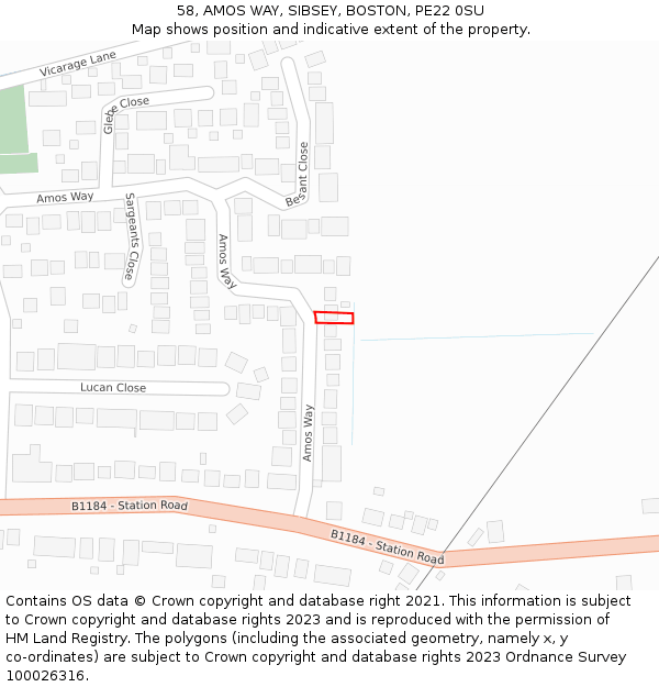 58, AMOS WAY, SIBSEY, BOSTON, PE22 0SU: Location map and indicative extent of plot