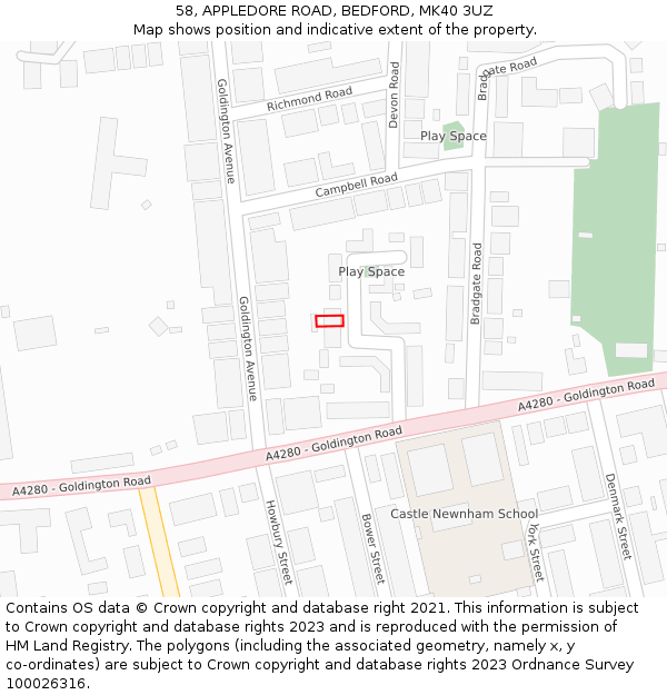 58, APPLEDORE ROAD, BEDFORD, MK40 3UZ: Location map and indicative extent of plot