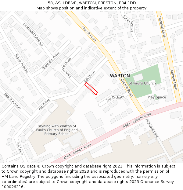 58, ASH DRIVE, WARTON, PRESTON, PR4 1DD: Location map and indicative extent of plot