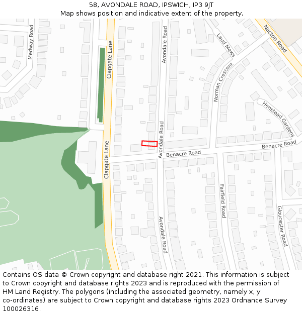 58, AVONDALE ROAD, IPSWICH, IP3 9JT: Location map and indicative extent of plot