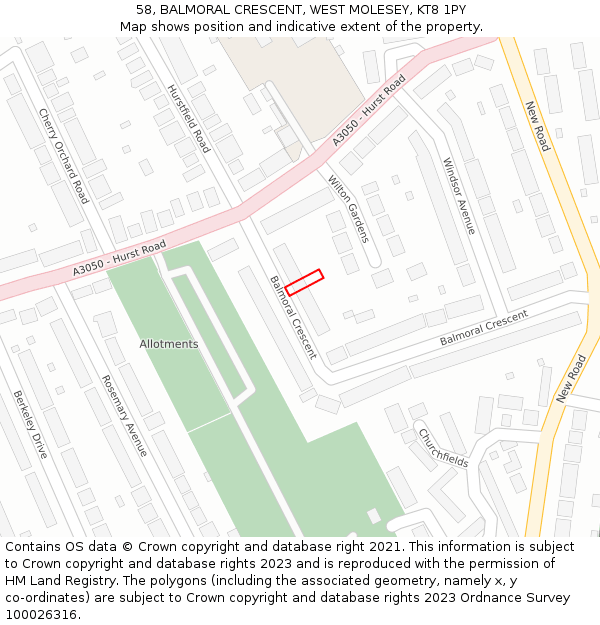 58, BALMORAL CRESCENT, WEST MOLESEY, KT8 1PY: Location map and indicative extent of plot