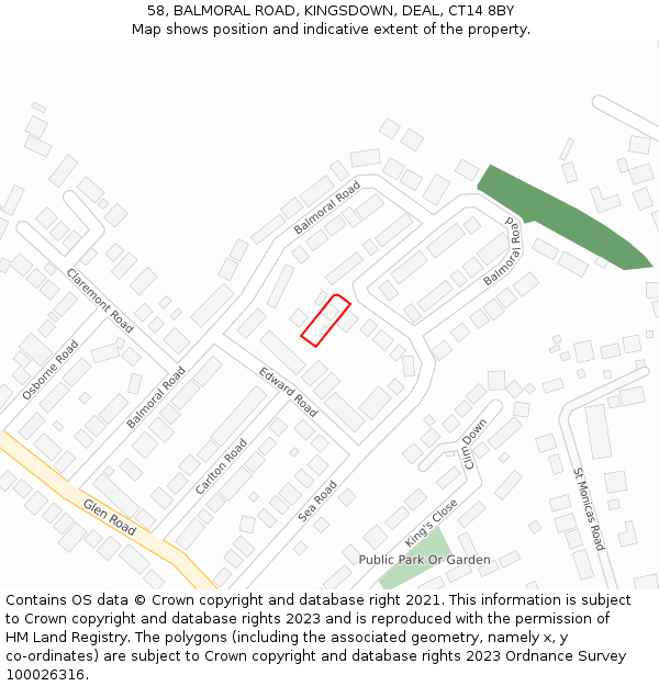 58, BALMORAL ROAD, KINGSDOWN, DEAL, CT14 8BY: Location map and indicative extent of plot