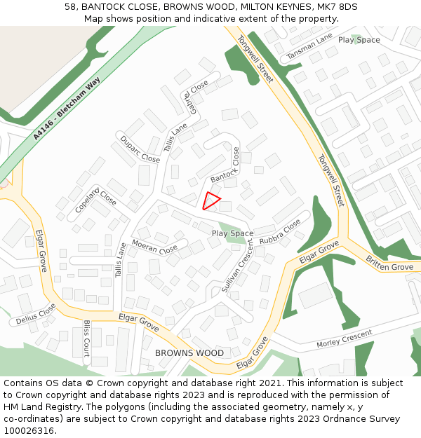 58, BANTOCK CLOSE, BROWNS WOOD, MILTON KEYNES, MK7 8DS: Location map and indicative extent of plot