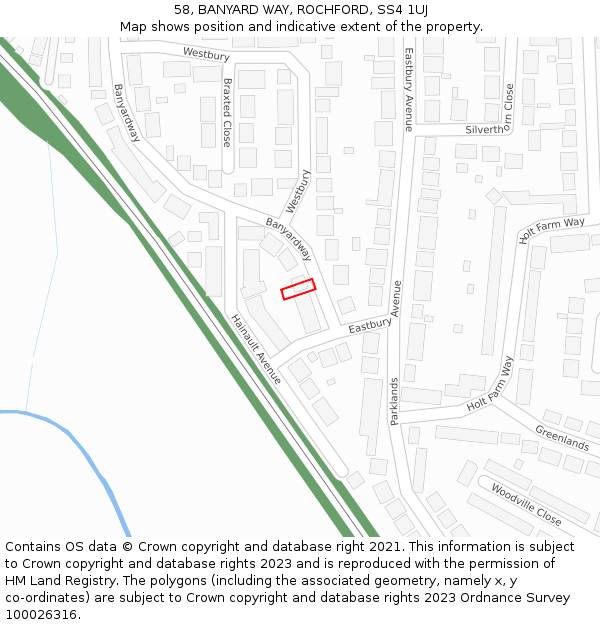 58, BANYARD WAY, ROCHFORD, SS4 1UJ: Location map and indicative extent of plot