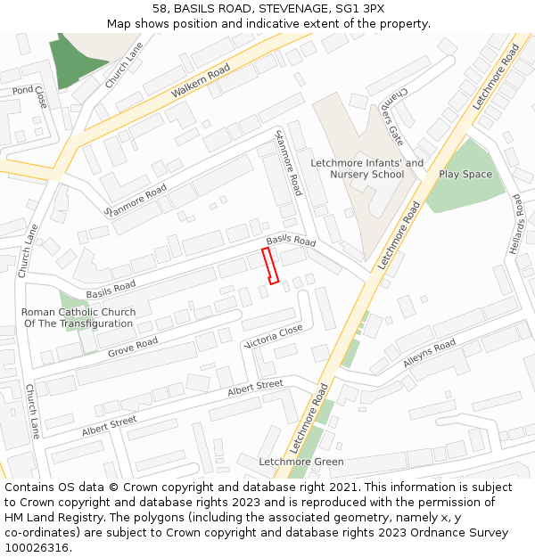 58, BASILS ROAD, STEVENAGE, SG1 3PX: Location map and indicative extent of plot