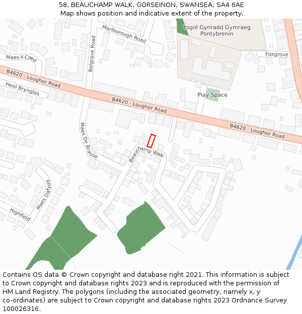 58, BEAUCHAMP WALK, GORSEINON, SWANSEA, SA4 6AE: Location map and indicative extent of plot