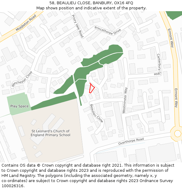 58, BEAULIEU CLOSE, BANBURY, OX16 4FQ: Location map and indicative extent of plot