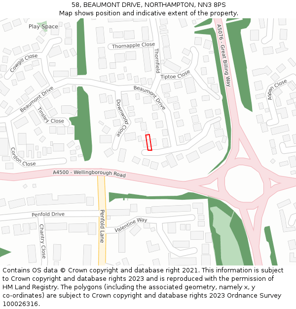 58, BEAUMONT DRIVE, NORTHAMPTON, NN3 8PS: Location map and indicative extent of plot