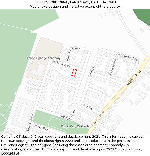 58, BECKFORD DRIVE, LANSDOWN, BATH, BA1 9AU: Location map and indicative extent of plot