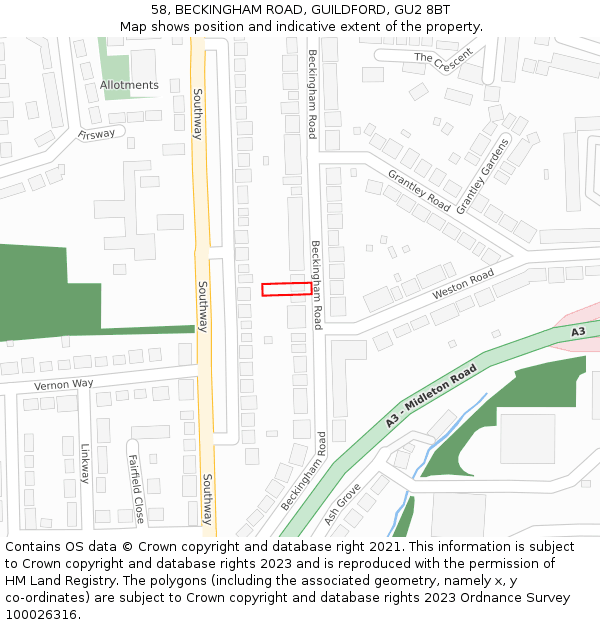 58, BECKINGHAM ROAD, GUILDFORD, GU2 8BT: Location map and indicative extent of plot