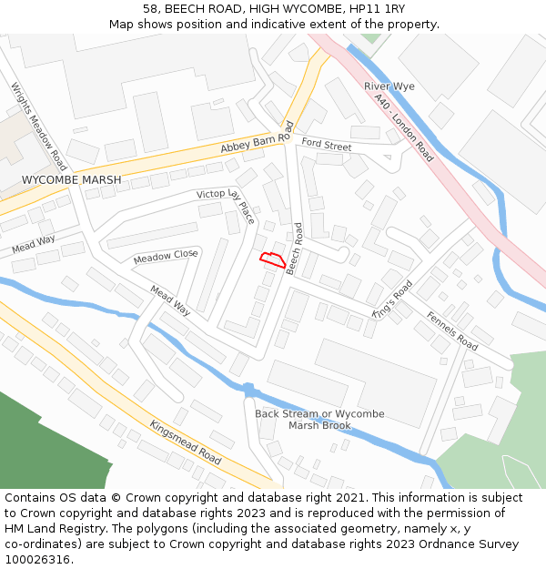 58, BEECH ROAD, HIGH WYCOMBE, HP11 1RY: Location map and indicative extent of plot