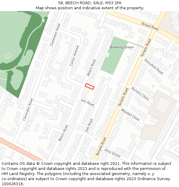 58, BEECH ROAD, SALE, M33 2FA: Location map and indicative extent of plot