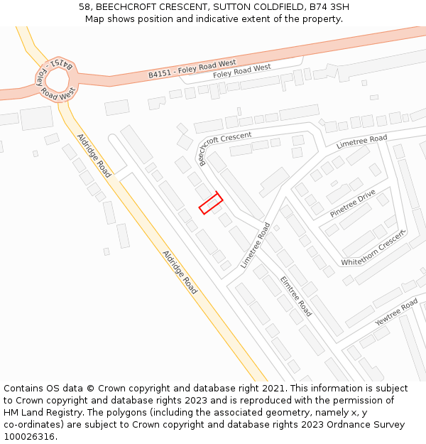 58, BEECHCROFT CRESCENT, SUTTON COLDFIELD, B74 3SH: Location map and indicative extent of plot