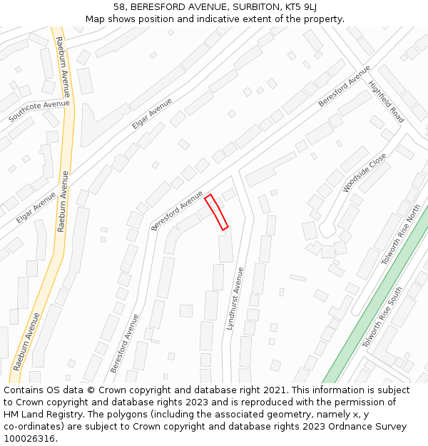 58, BERESFORD AVENUE, SURBITON, KT5 9LJ: Location map and indicative extent of plot