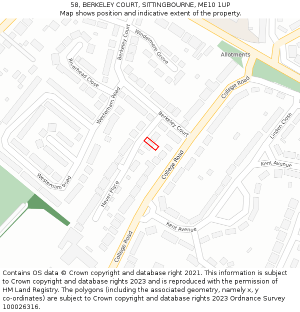 58, BERKELEY COURT, SITTINGBOURNE, ME10 1UP: Location map and indicative extent of plot